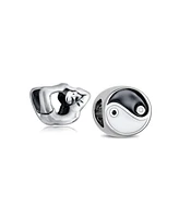 Bling Jewelry Set of 2 Black White Yin Yang Yogi Gymnastics Yoga Pose Charm Bead Enamel Silver