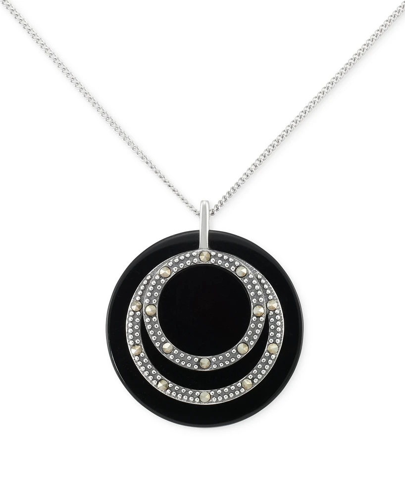 Onyx & Marcasite Circle Disc 18" Pendant Necklace in Sterling Silver