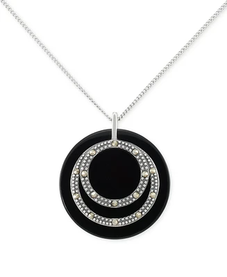 Onyx & Marcasite Circle Disc 18" Pendant Necklace in Sterling Silver