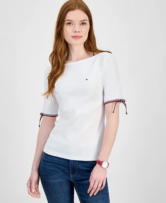 Tommy Hilfiger Women's Cotton Boat-Neck Tie-Sleeve T-Shirt