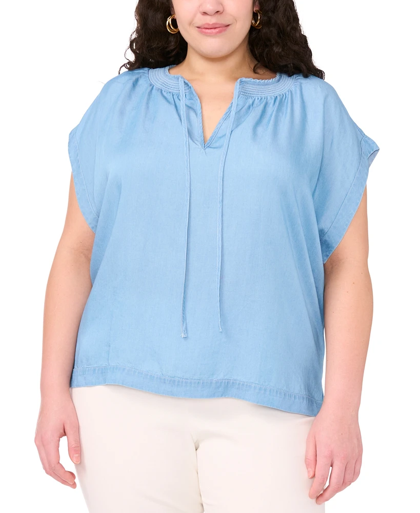 Vince Camuto Plus Shirred Split-Neck Peasant Top