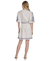 Eliza J Petite Embroidered Belted Button-Front Cotton Dress