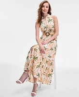 Taylor Women's Printed Taffeta-Belt Sleeveless Dress