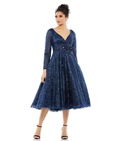 Women's Long Sleeve Embroidered Tea Length Dress