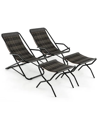 2 Pcs Patio Folding Rattan Sling Lounge Chair Ottoman Rocking Footrests Armrest