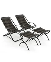 2 Pcs Patio Folding Rattan Sling Lounge Chair Ottoman Rocking Footrests Armrest