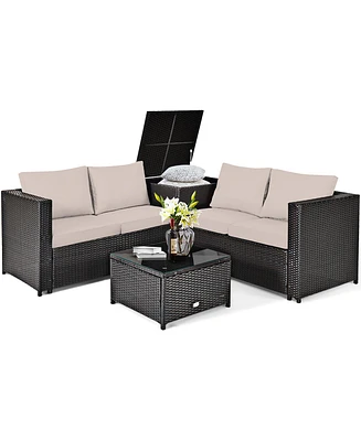 4PCS Outdoor Patio Rattan Furniture Set Cushioned Loveseat Storage Table