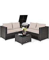 4PCS Outdoor Patio Rattan Furniture Set Cushioned Loveseat Storage Table