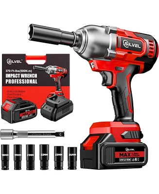 Silvel Cordless Impact Wrench, Max 500N.m Brushless Impact Gun 1/2 inch, 4.0Ah Battery, 6 Sockets, 3200RPM Impact Driver wih Fast Charger
