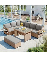 Mondawe 5-Piece Outdoor Sectional Pe Wicker L-Shaped Garden Furniture Set with 2 Extendable Side Tables, Dining Table and Washable Covers