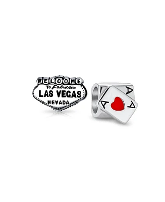 Bling Jewelry Set of 2 Welcome to Las Vegas and Poker Ace of Hearts Charm Bead Sterling Silver
