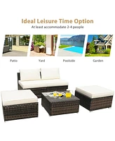 5PCS Patio Rattan Wicker Furniture Set Armless Sofa Ottoman Cushioned Garden