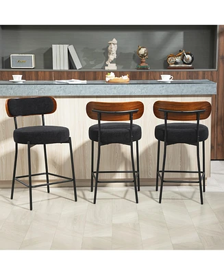Dyhome 24 inches Bar Stools Set of 3, Modern Counter Height with Wood Back for Kitchen Island, Boucle Fabric Upholstered Barstools Home