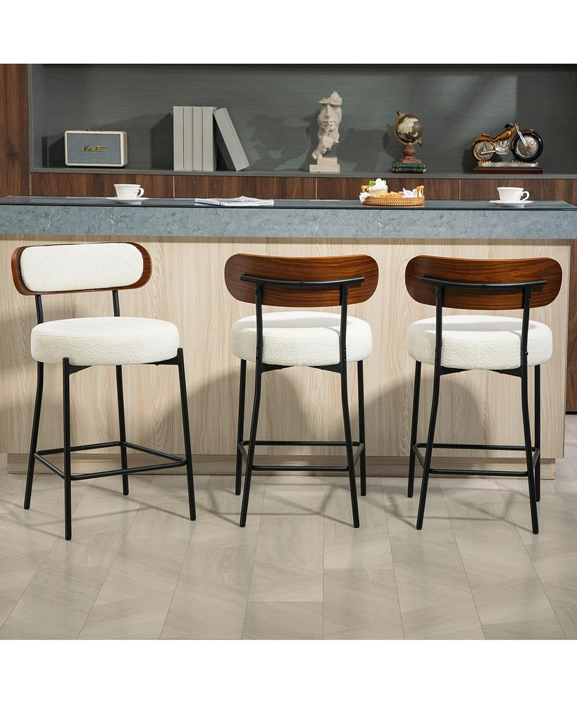 Dyhome 24 inches Bar Stools Set of 3, Modern Counter Height with Wood Back for Kitchen Island, Boucle Fabric Upholstered Barstools Home