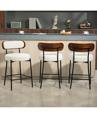 Dyhome 24 inches Bar Stools Set of 3, Modern Counter Height with Wood Back for Kitchen Island, Boucle Fabric Upholstered Barstools Home