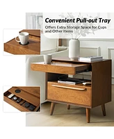 Jeraldo Mid-Century Modern 2-Drawer Nightstand with Built-In Outlets and Wooden Handle