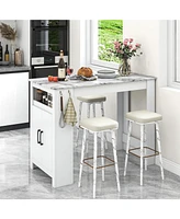 Bar Table Faux Marble Pub Table with 7 Hanging Hooks and Storage Compartment for Home Bar