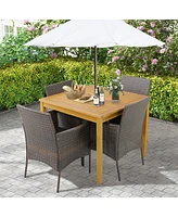 Gymax 5 Pcs Patio Dining Set Acacia Wood Table w/ 1.9'' Umbrella Hole Cushioned Chairs