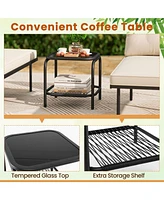 Gymax 3-Piece L Shaped Patio Furniture Set w/Tempered Glass Table Back & Seat Cushions