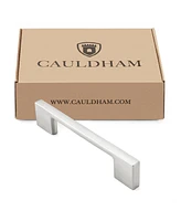 Cauldham 5 Pack Solid Kitchen Cabinet Pulls Handles (3-5/8" Hole Centers) - Modern Thin Profile Drawer/Door Hardware - Style M255 - Satin Nickel