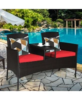 Patio Rattan Loveseat Sofa Cushioned Coffee Table