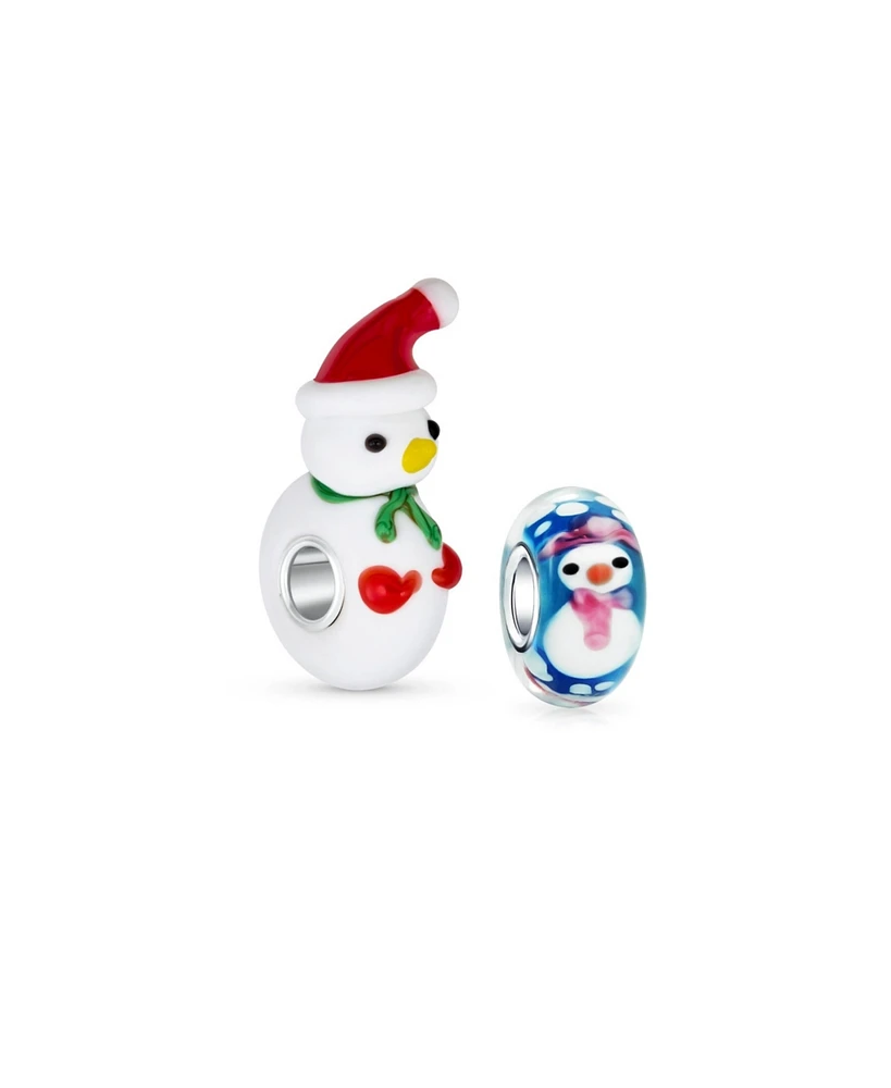 Bling Jewelry Set of 2 Christmas Charm Bead Snowman Murano Glass Silver for European Bracelet