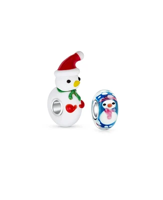 Bling Jewelry Set of 2 Christmas Charm Bead Snowman Murano Glass Silver for European Bracelet