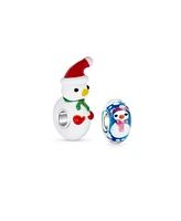 Bling Jewelry Set of 2 Christmas Charm Bead Snowman Murano Glass Silver for European Bracelet