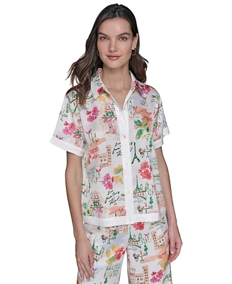 Karl Lagerfeld Paris Petite Short-Sleeve Multi-Print Camp Shirt