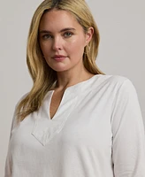 Lauren Ralph Women's Plus Split-Neck Three-Quarter Sleeve Cotton Tunic