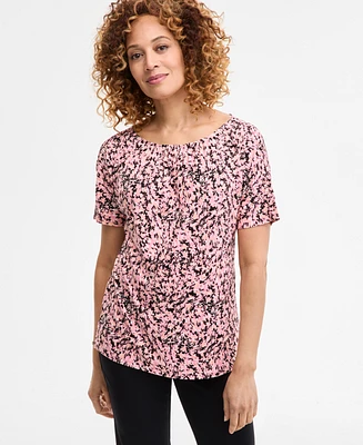 Jm Collection Women's Printed Pleat Neck Short-Sleeve Top, Exclusively at Macy's
