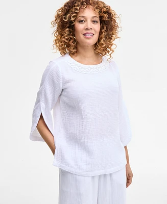 Jm Collection Women's Embellished Cotton Gauze Top, Exclusively at Macy's