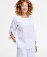 Jm Collection Women's Embellished Cotton Gauze Top, Exclusively at Macy's