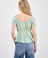 Derek Heart Juniors' Floral-Print Puff-Sleeve Babydoll Top