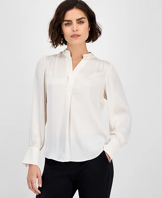 Anne Klein Women's Textured Split-Neck Long-Sleeve Top