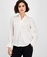 Anne Klein Women's Textured Split-Neck Long-Sleeve Top