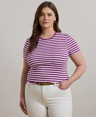 Lauren Ralph Lauren Plus Size Striped Stretch Cotton Crewneck Tee