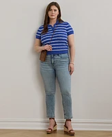 Lauren Ralph Plus Striped Cable-Knit Cotton Polo Sweater