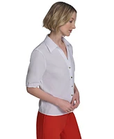 Halston Women's Cotton Elbow-Sleeve Button-Front Blouse