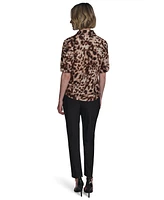 Halston Women's Cotton Printed Elbow-Sleeve Button-Front Blouse