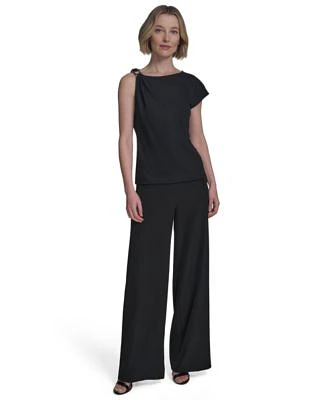 Halston Womens Asymmetric One Shoulder Hardware Top Horsebit Buckle Straight Leg Pants