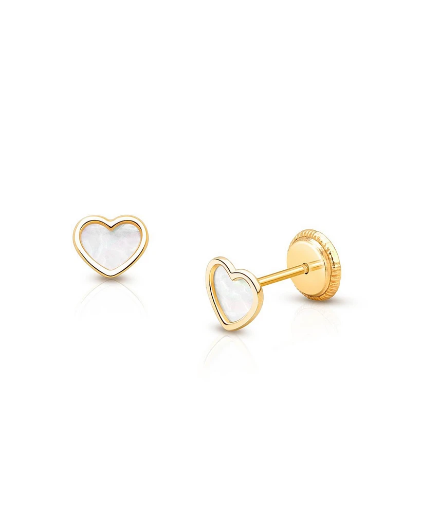 Tiny Blessings Children's 14K Gold Genuine Love Mother of Pearl Heart Studs Girls' Screw Back Earrings