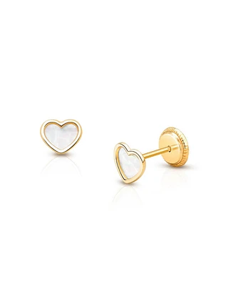 Tiny Blessings Children's 14K Gold Genuine Love Mother of Pearl Heart Studs Girls' Screw Back Earrings