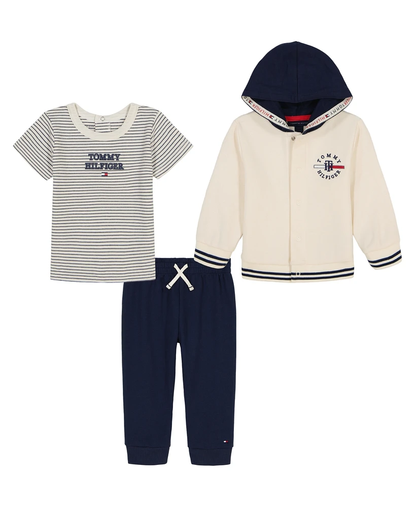 Tommy Hilfiger Baby Boys 3-Piece Stripe T-Shirt, Signature Snap-Front Hoodie and Jogger Set