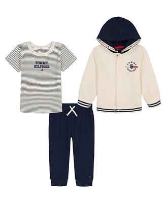 Tommy Hilfiger Baby Boys 3-Piece Stripe T-Shirt, Signature Snap-Front Hoodie and Jogger Set