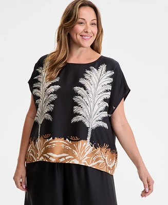 Vince Camuto Plus Placed-Print Boat-Neck Caftan Blouse
