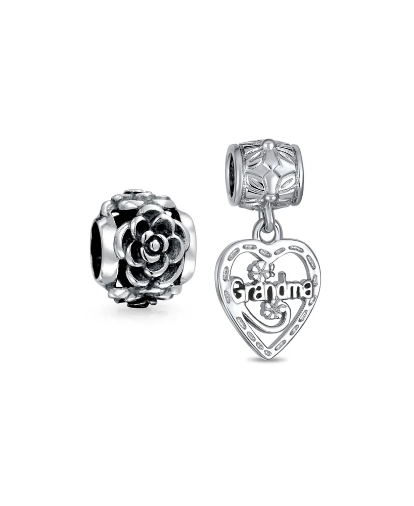 Bling Jewelry Set of 2 Heart Grandma Dangle & Flower Garden Black Rose Charm Bead Sterling Silver