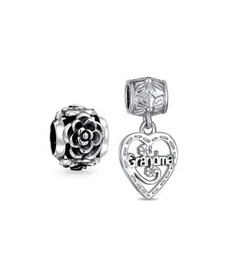Bling Jewelry Set of 2 Heart Grandma Dangle & Flower Garden Black Rose Charm Bead Sterling Silver