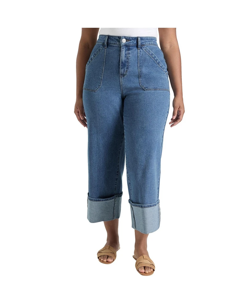 June + Vie Plus Wide-Leg Cropped Cuffed Jeans
