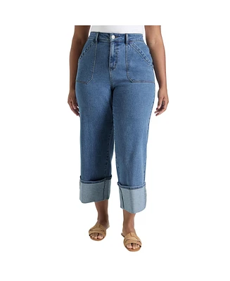 June + Vie Plus Wide-Leg Cropped Cuffed Jeans